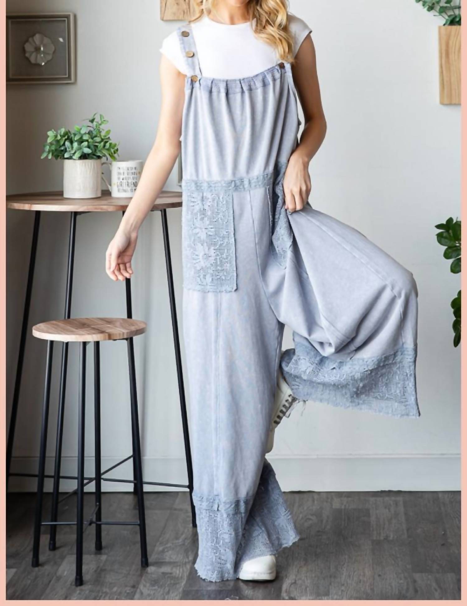 Oli & Hali - Washed Lace Hem Terry Overall Jumpsuit
