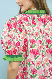 Umgee - Floral Ruffle Trim Puff Sleeve Blouse