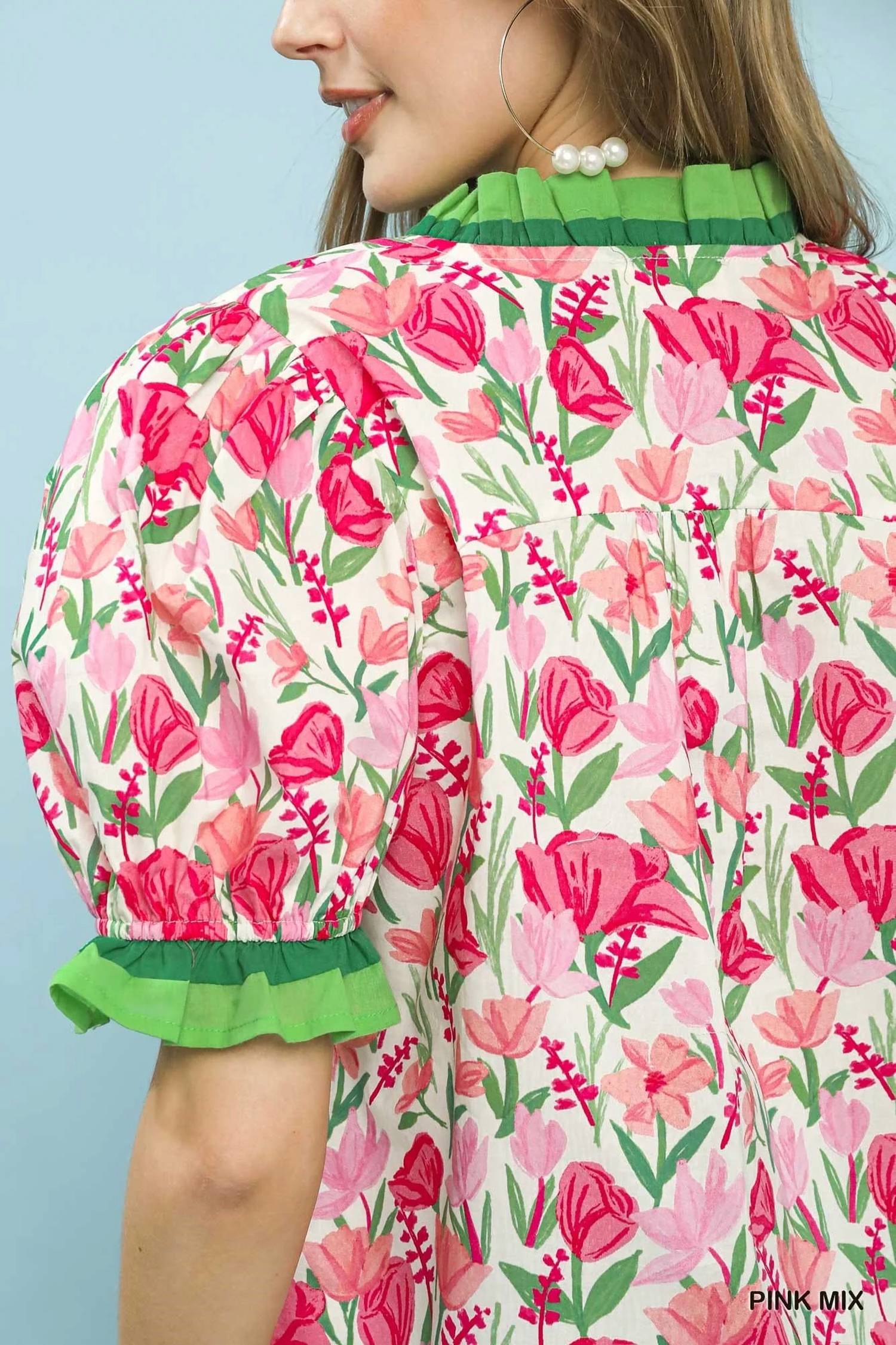 Umgee - Floral Ruffle Trim Puff Sleeve Blouse