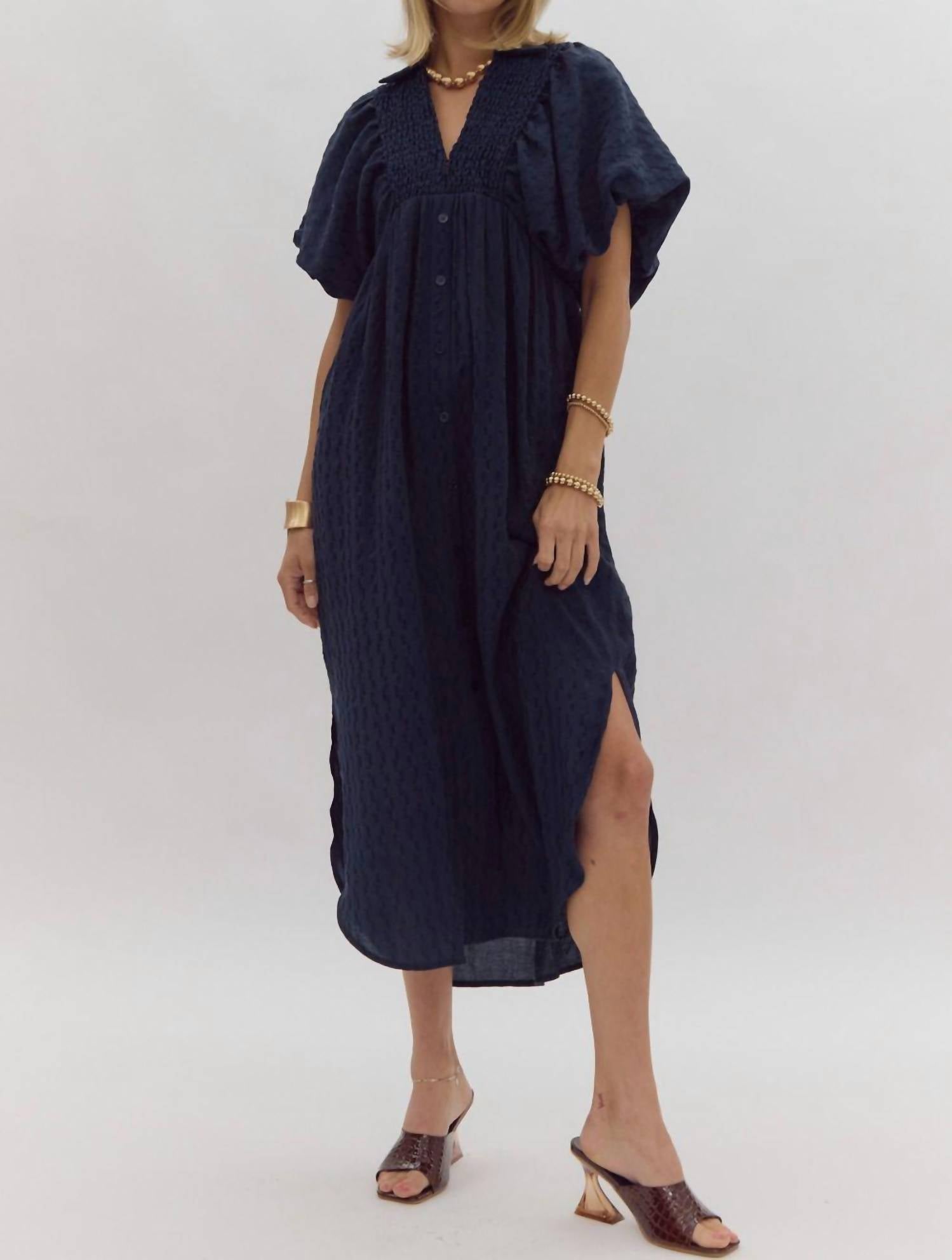Entro - Textured Puff Sleeve Midi Dress
