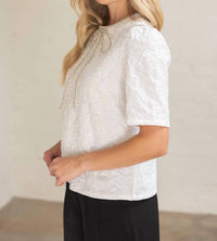 Voy - Rhinestone Bow Shape Floral Jacquard Top