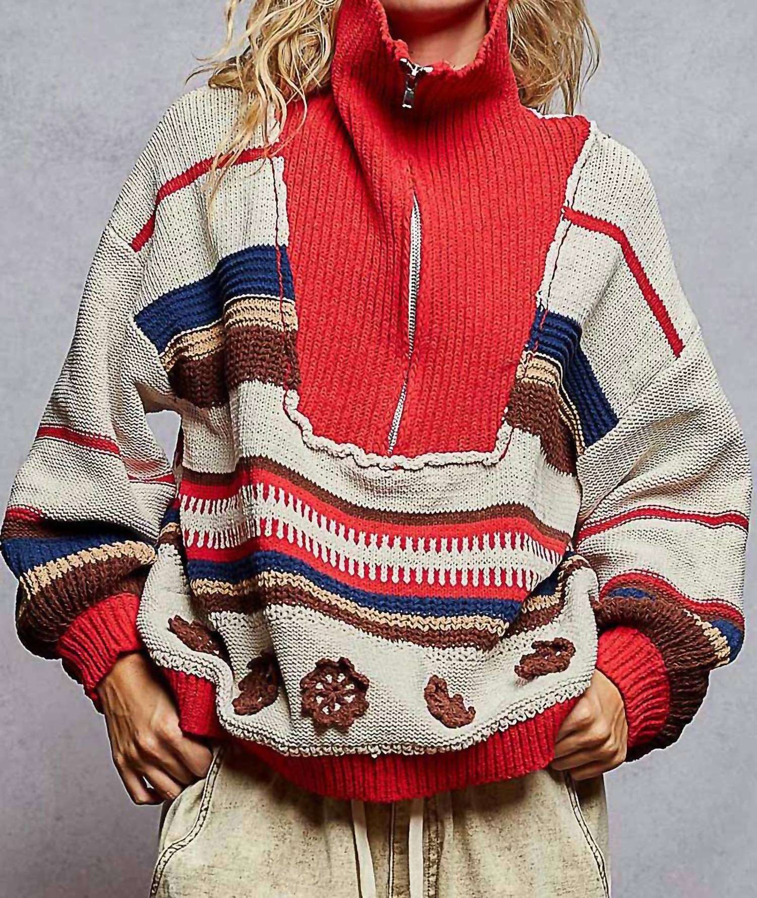 POL Long Sleeve Quarter Zip Sweater in red multi - women's sweater