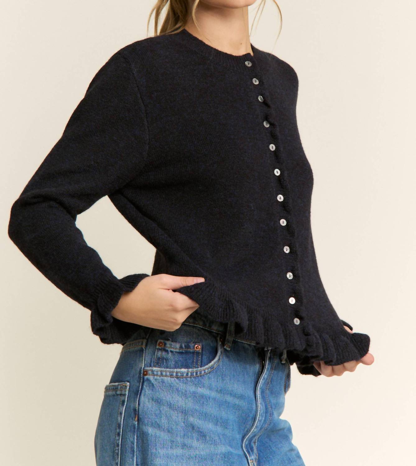Candescent Ruffle Trim Button Up Cardigan in navy - women's cardigan - alternate view