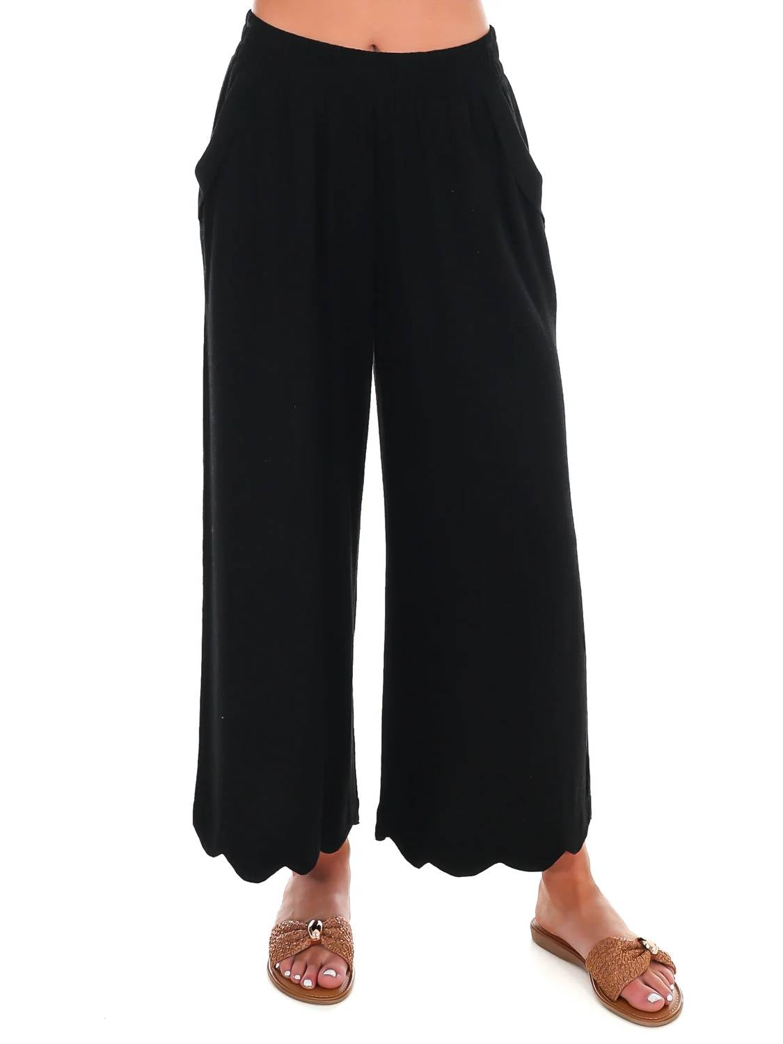 Umgee - Women's Sweet Detail Linen Scallop Wide Leg Pants