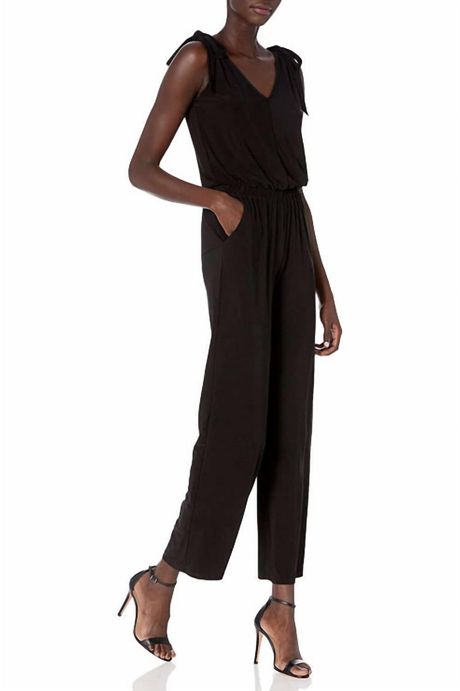 Laundry By Shelli Segal - V-neck Tie Shoulder Blouson Elastic Waist Solid Jumpsuit