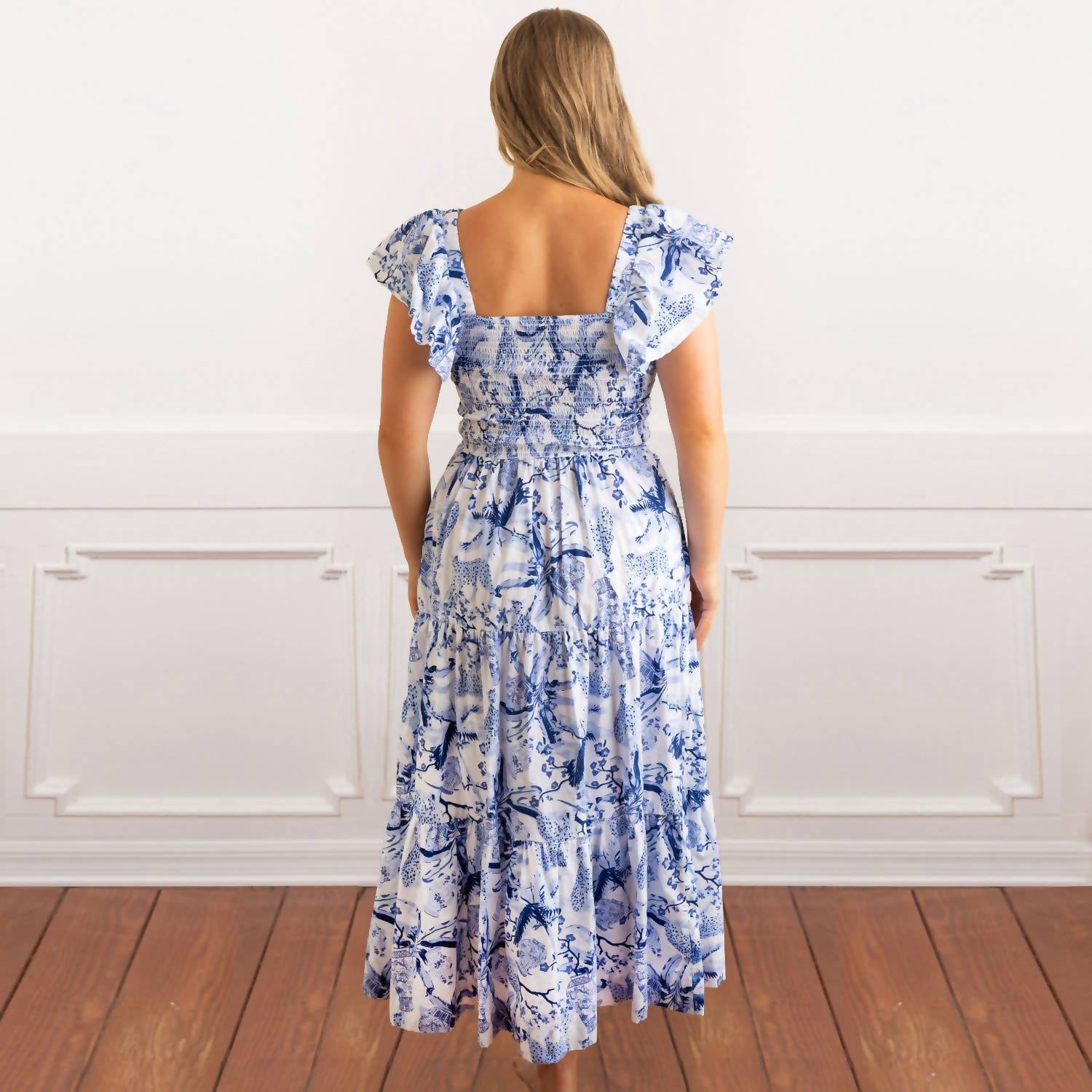 8 Oak Lane - Leopard Palms Smocked Flutter Sleeve Dress