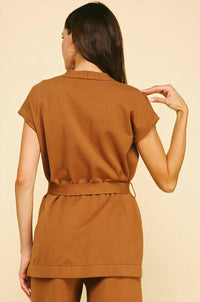 PINCH Helena Front Tie Blazer Vest in camel - women's jacket - detail view