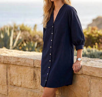 Karen Kane - Lantern Sleeve Pearl Button-front Mini Dress