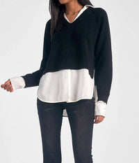 ELAN Long Sleeve Sweater Shirt in navy blue white - women's sweater