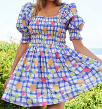 DAVI & DANI Smocked Checker Fruits Print Mini Dress in multi - women's dress - detail view