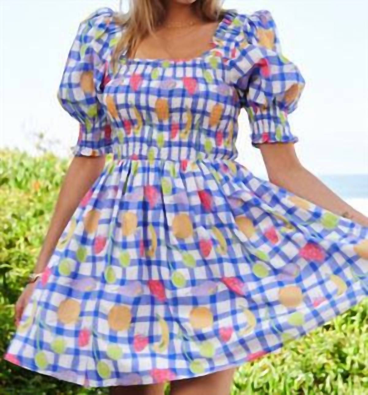 DAVI & DANI Smocked Checker Fruits Print Mini Dress in multi - women's dress - detail view