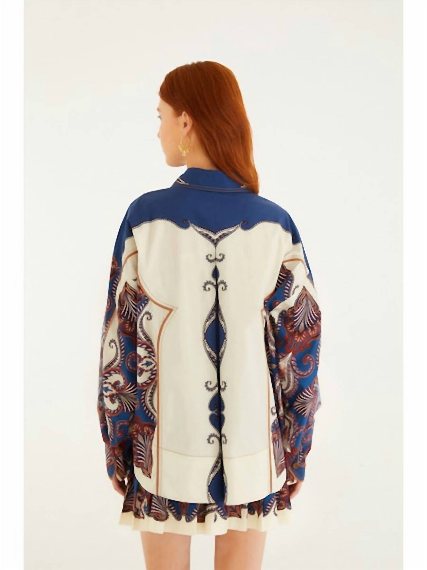 FARM RIO Arabesque Scarf Collared Organic Cotton Shirt in multicolor - women's shirt - detail view