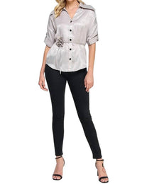 Pastel Design - Liz Button-Down Blouse with Rosette Sash