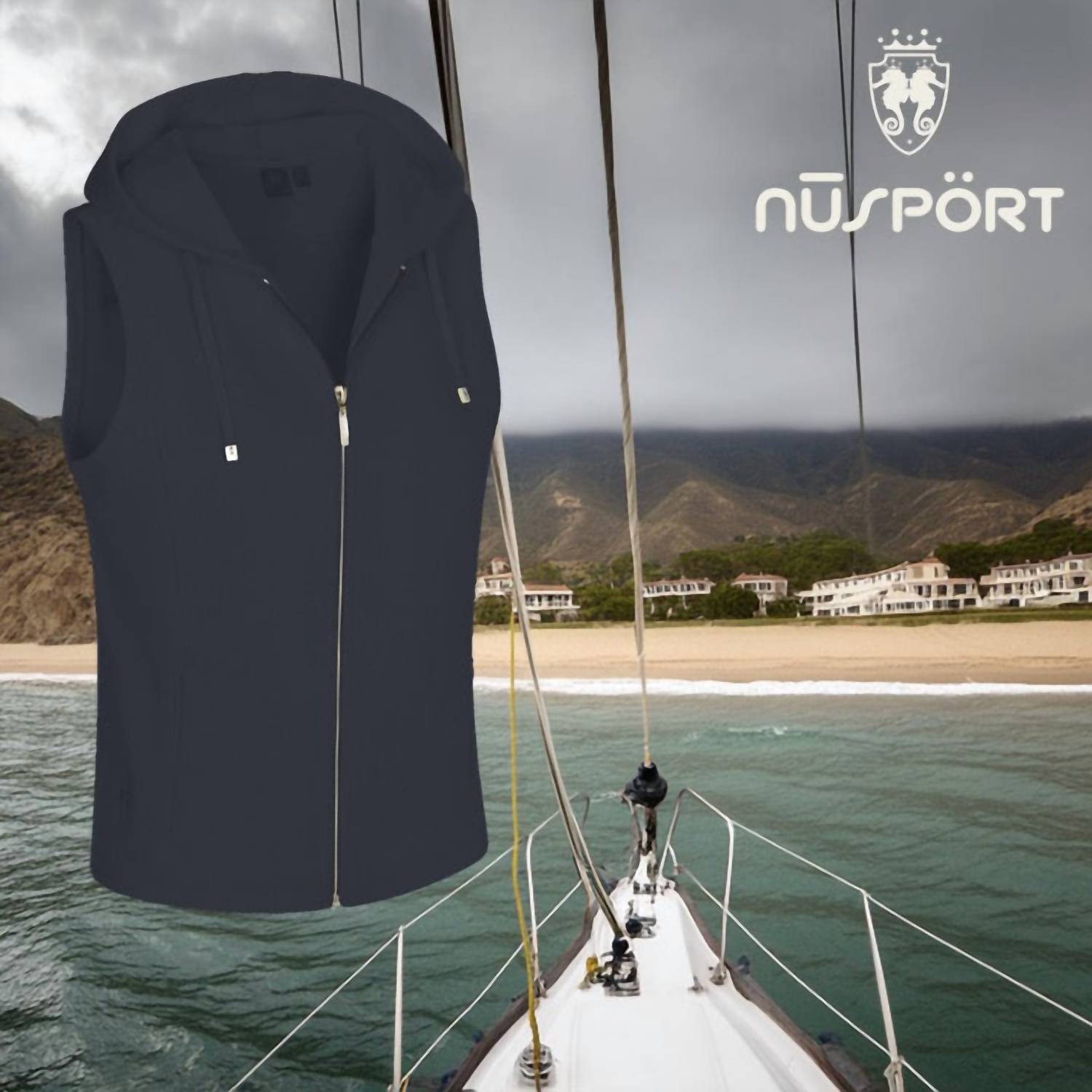 NUSPORT Women's Malibu Hoodie Vest in indigo - women's jacket - detail view