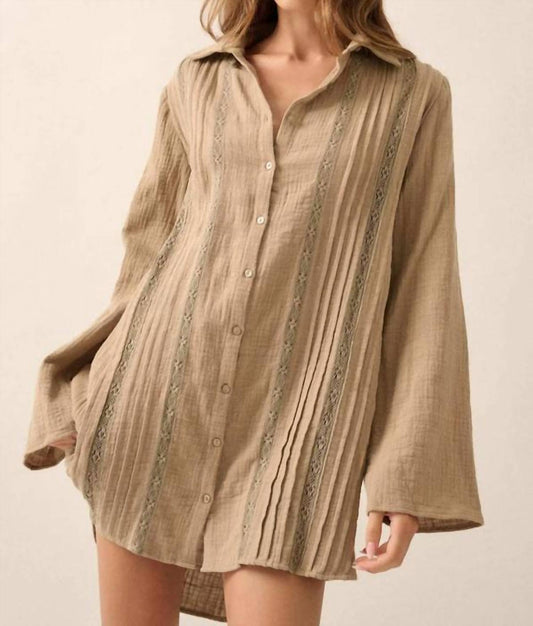 Promesa - Free To Be Pleated Lace-trim Mini Shirt Dress