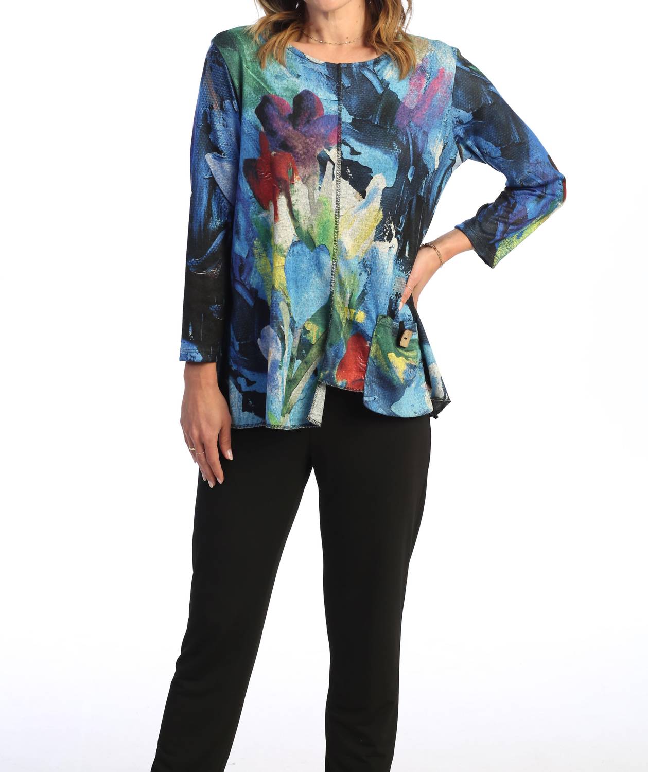 Jess & Jane Morning Glory French Brushed Knit Top - Plus Size in multi - women's long sleeve top - detail view