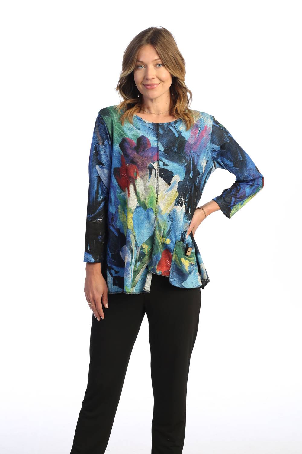 Jess & Jane Morning Glory French Brushed Knit Top - Plus Size in multi - women's long sleeve top - alternate view