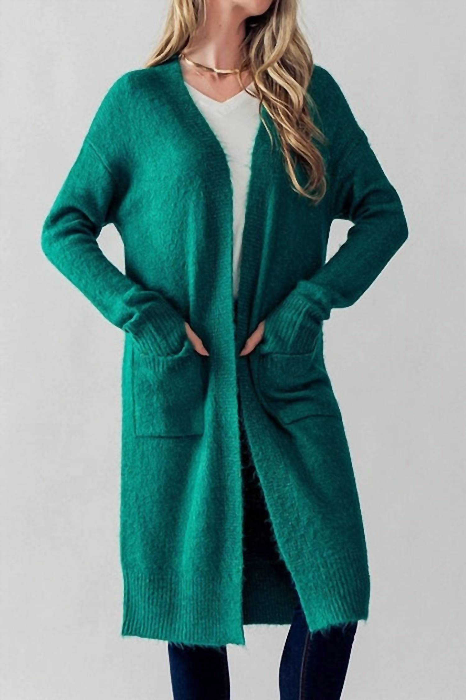 Urban Daizy Fuzzy Knit Longline Cardigan in emerald - women's cardigan