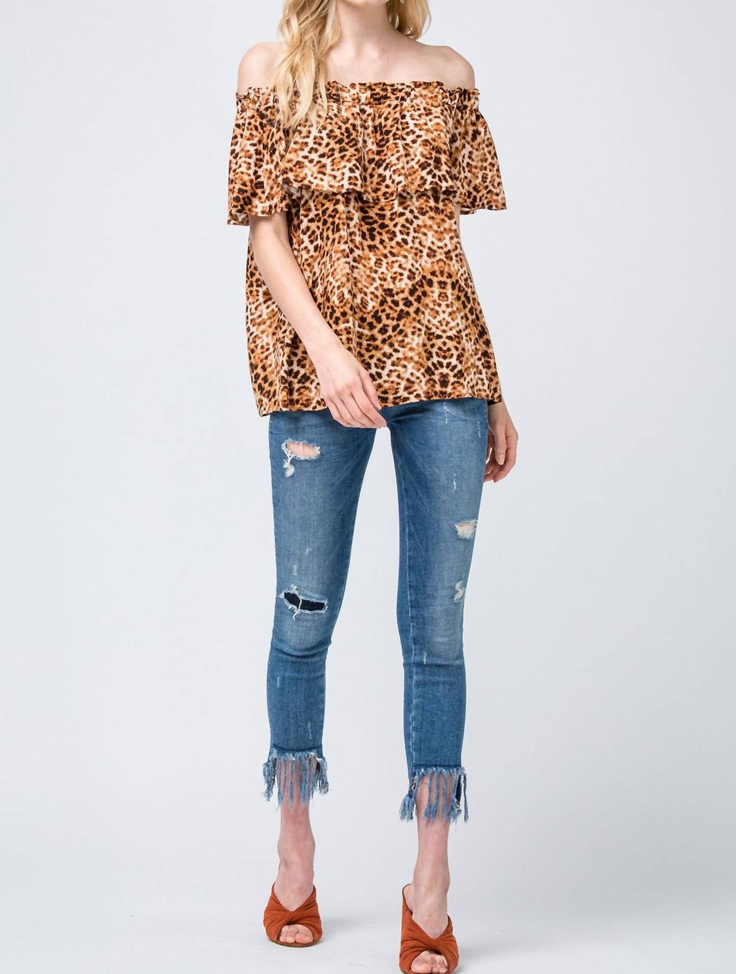 Entro - Leopard Print Off The Shoulder Top