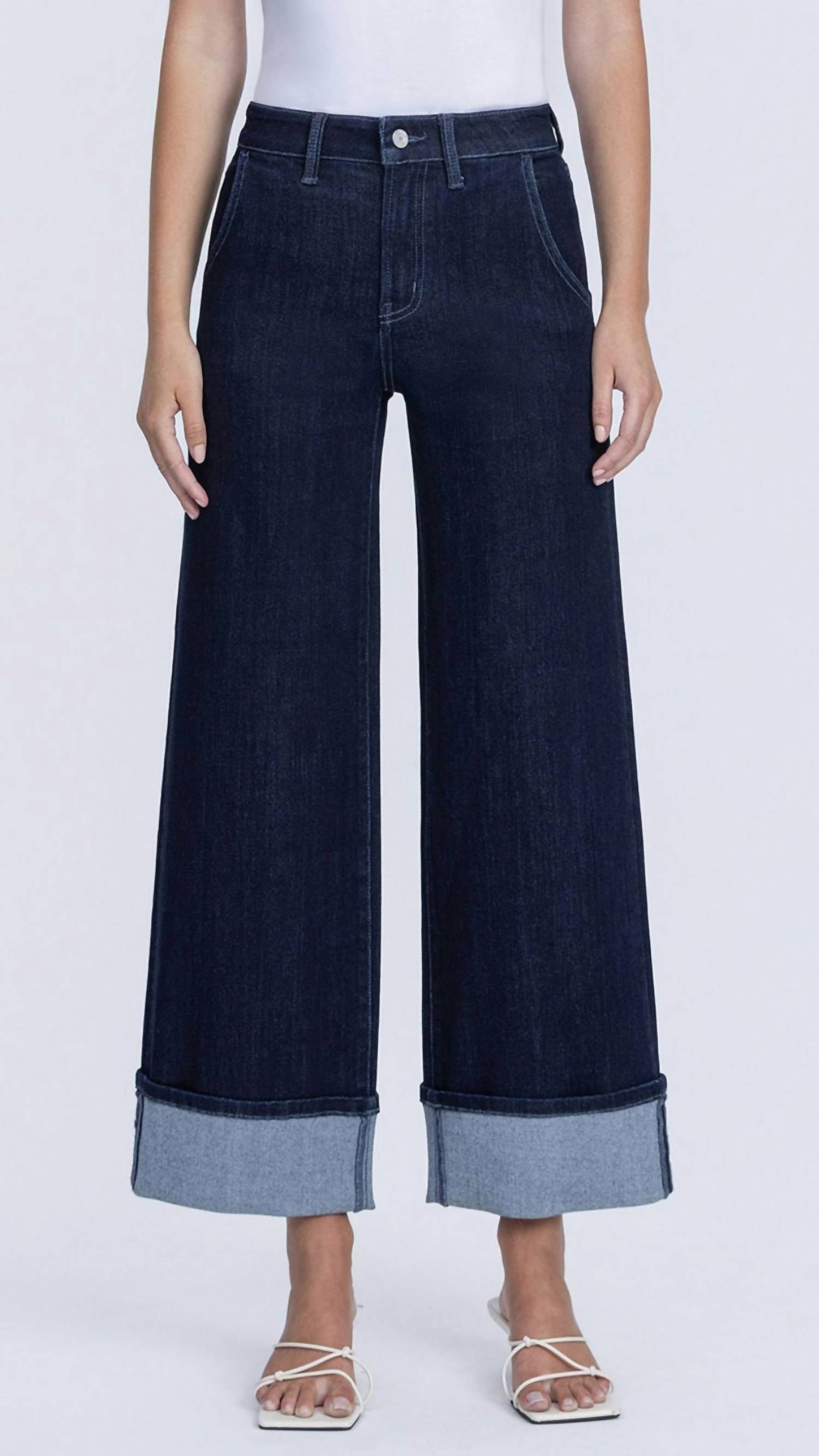 VERVET BY FLYING MONKEY High Rise Cuffed Ankle Wide Leg Jeans in dark blue - women's jeans
