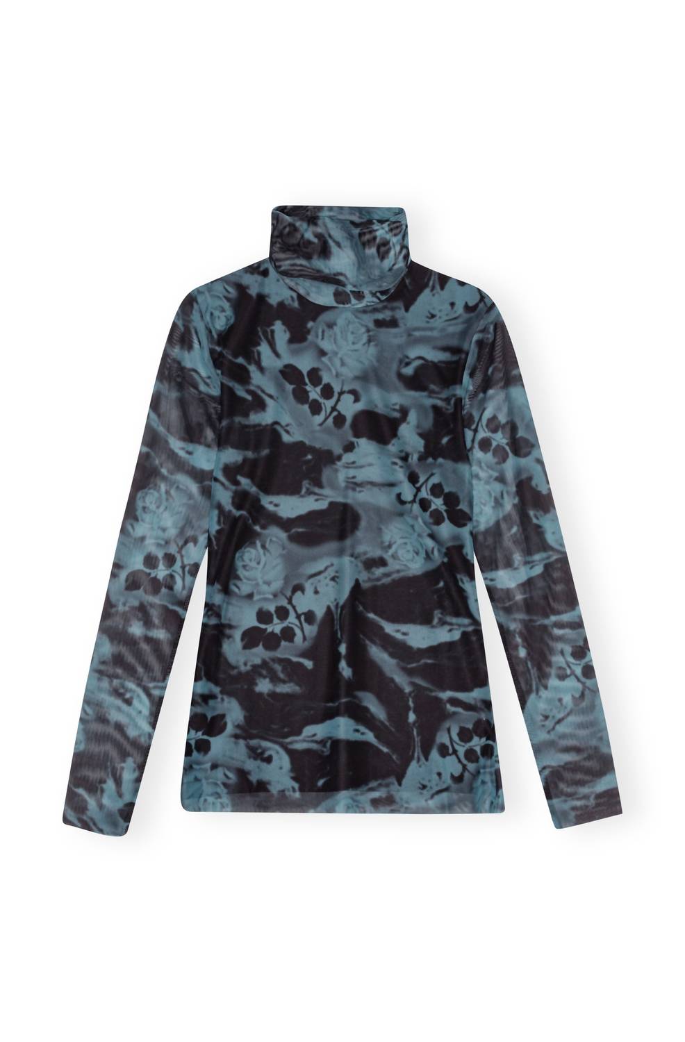 Ganni - Printed Mesh Long Sleeve Rollneck Top