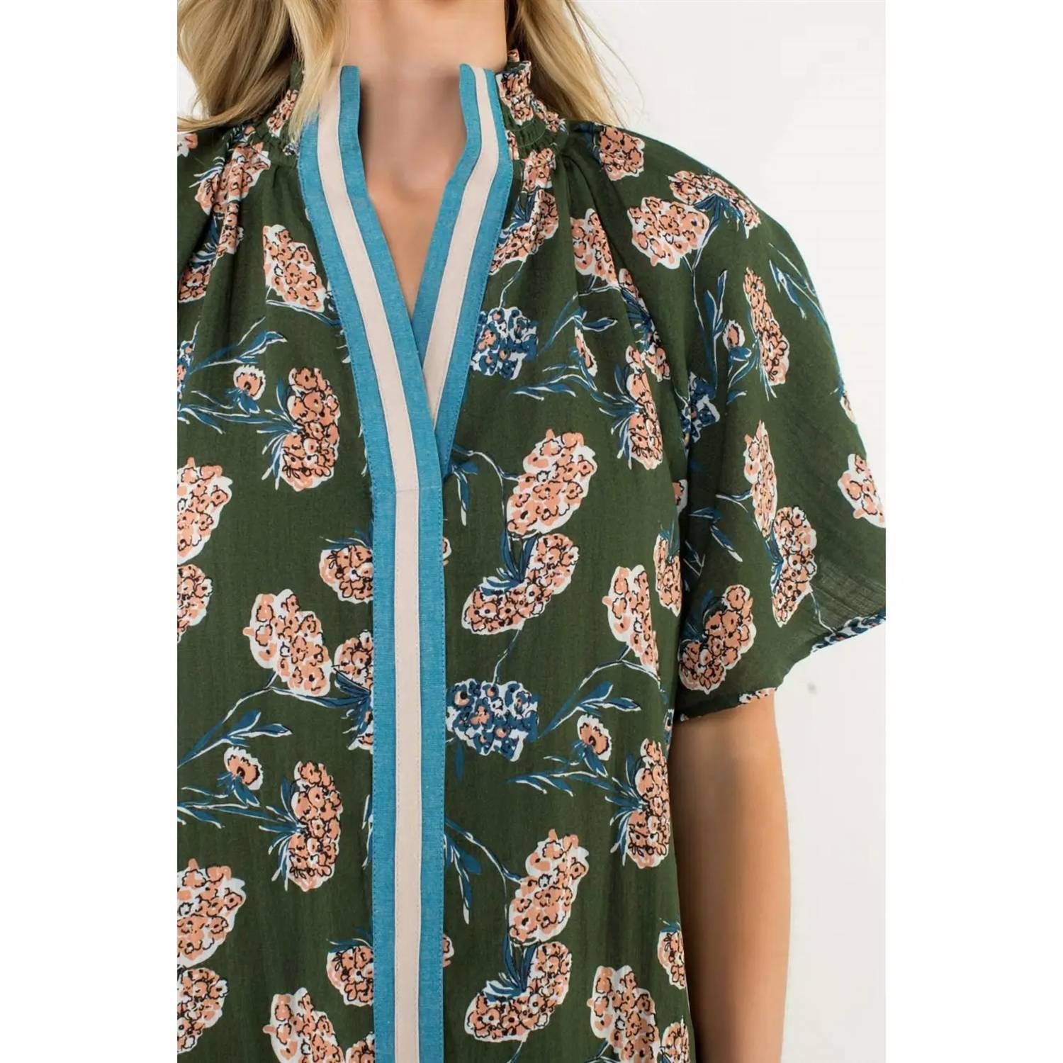 THML Floral Print Striped Collar Top in green - women's t-shirt - detail view