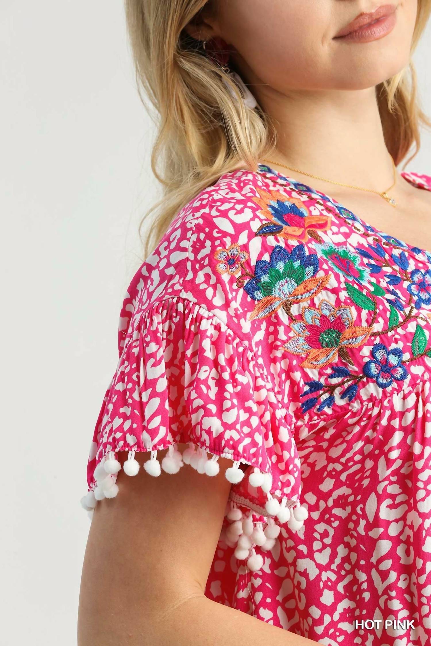 Umgee - Animal Print Split Neck Ruffle Sleeve Top