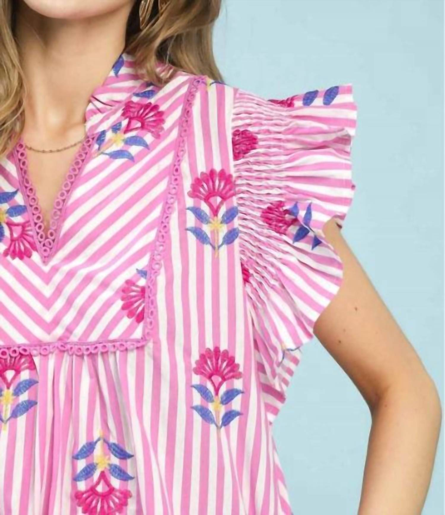 umgee Stripe Floral Flutter Sleeve Tiered Midi Dress in pink - women's dress - alternate view
