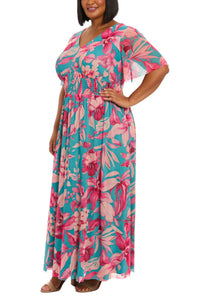 London Times - Botanical Smocked Waist A-line Maxi Dress - Plus