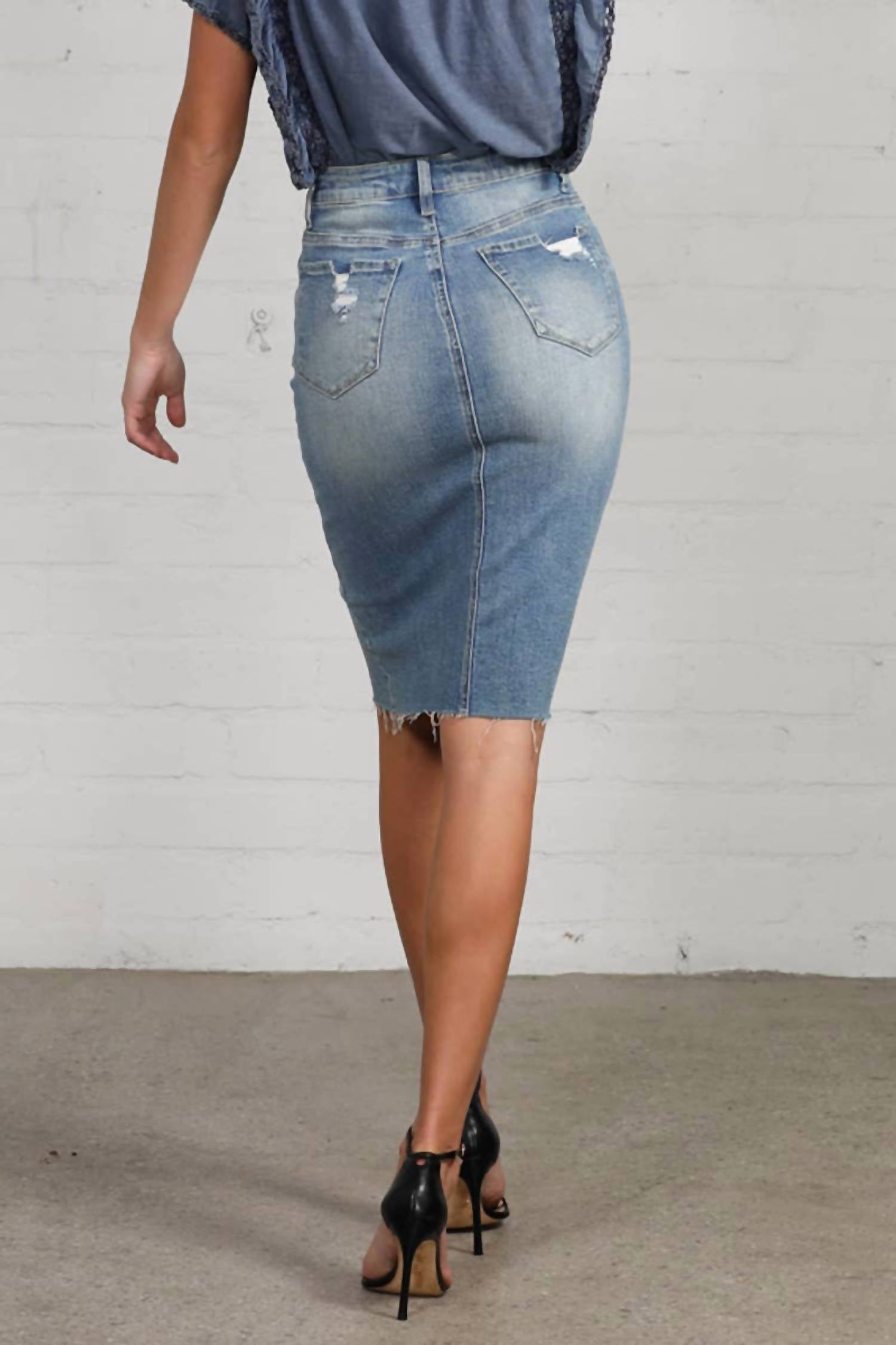 Insane Gene - Jacy High Rise Stretch Raw Hem Knee Length Skirt