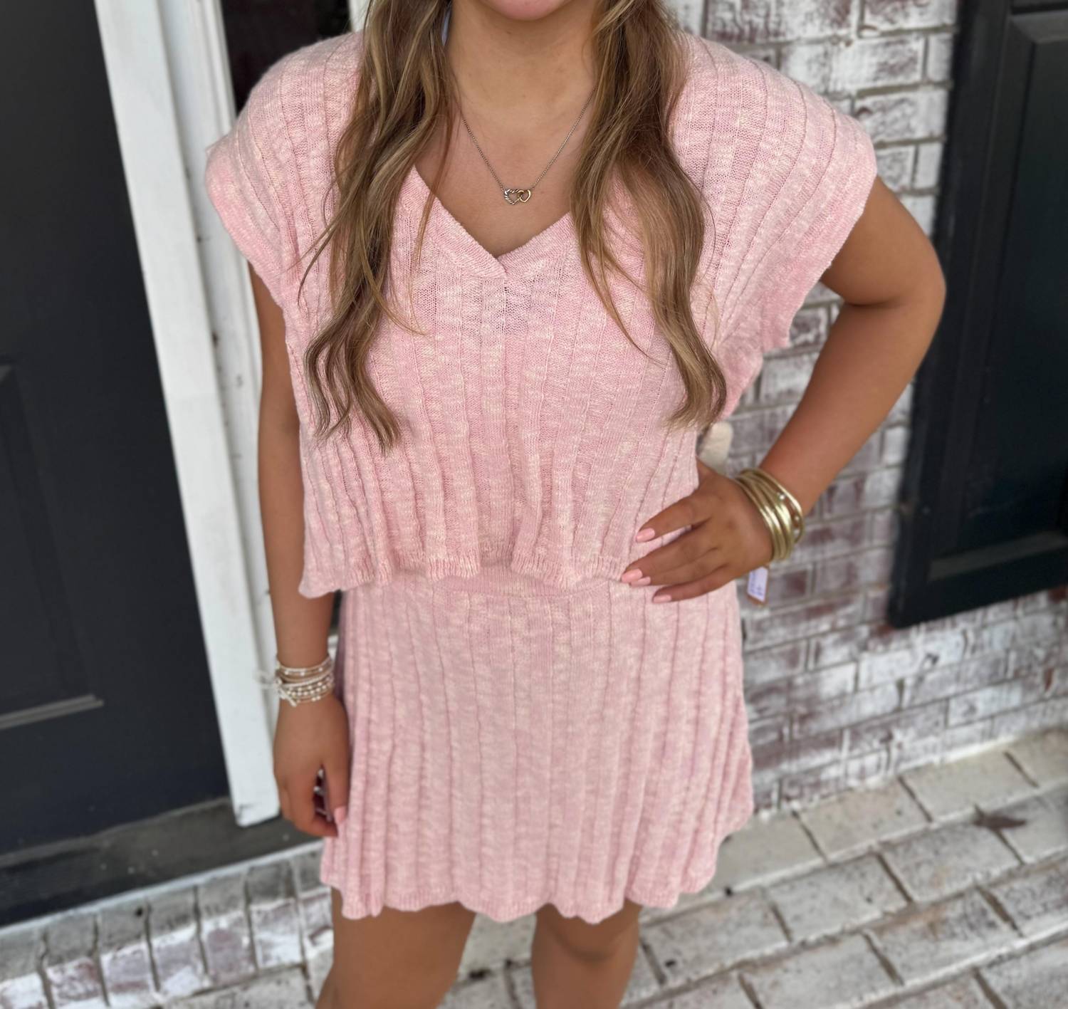 day + moon Cap Sleeve V-neck Sweater Skirt Set in baby pink - women's skirt - view 7