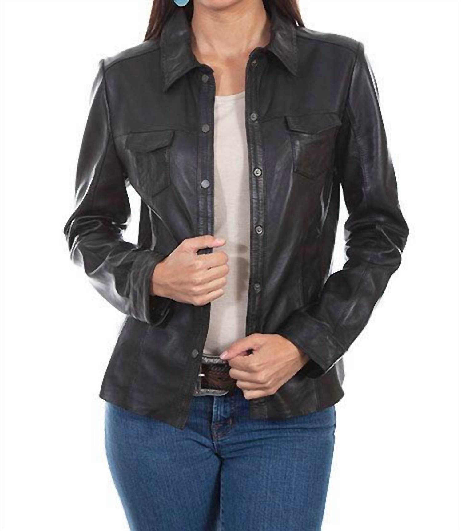 Scully Lamb Leather Shirt Jacket in black - women's jacket - alternate view