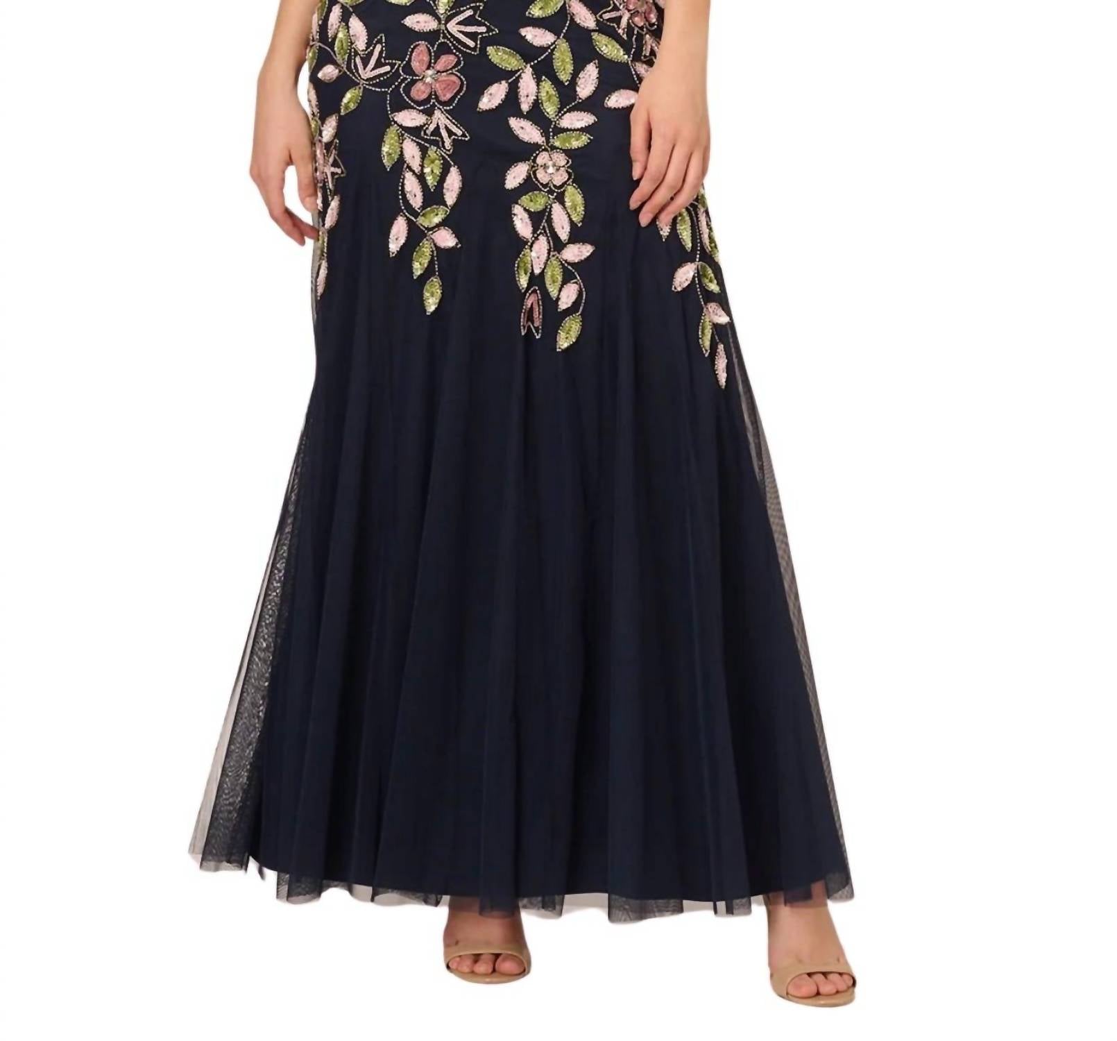 Adrianna Papell - Beaded Mesh Overlay Illusion Short Sleeves A-line Dress