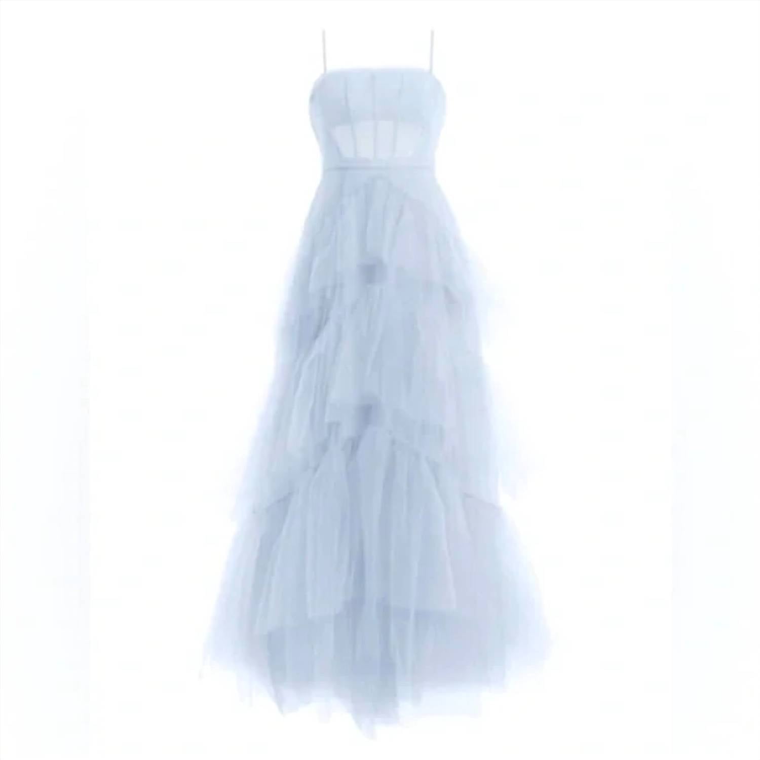 Bcbgmaxazria - Sheer Tiered Ruffle Gown - blue - clothing - dresses