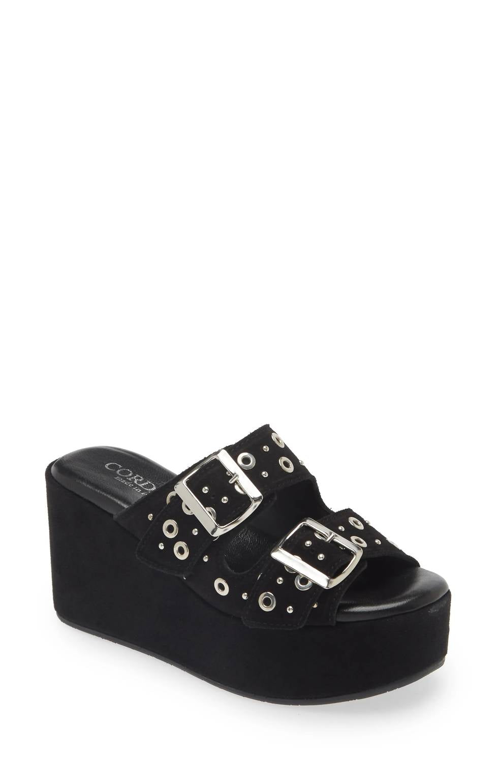 CORDANI Women's Jayne Platform Wedge Slide Sandal in black suede - women's sandal - detail view