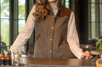 Madison Creek Outfitters Women's Channel Wool Vest in tan herringbone - women's blouse - detail view