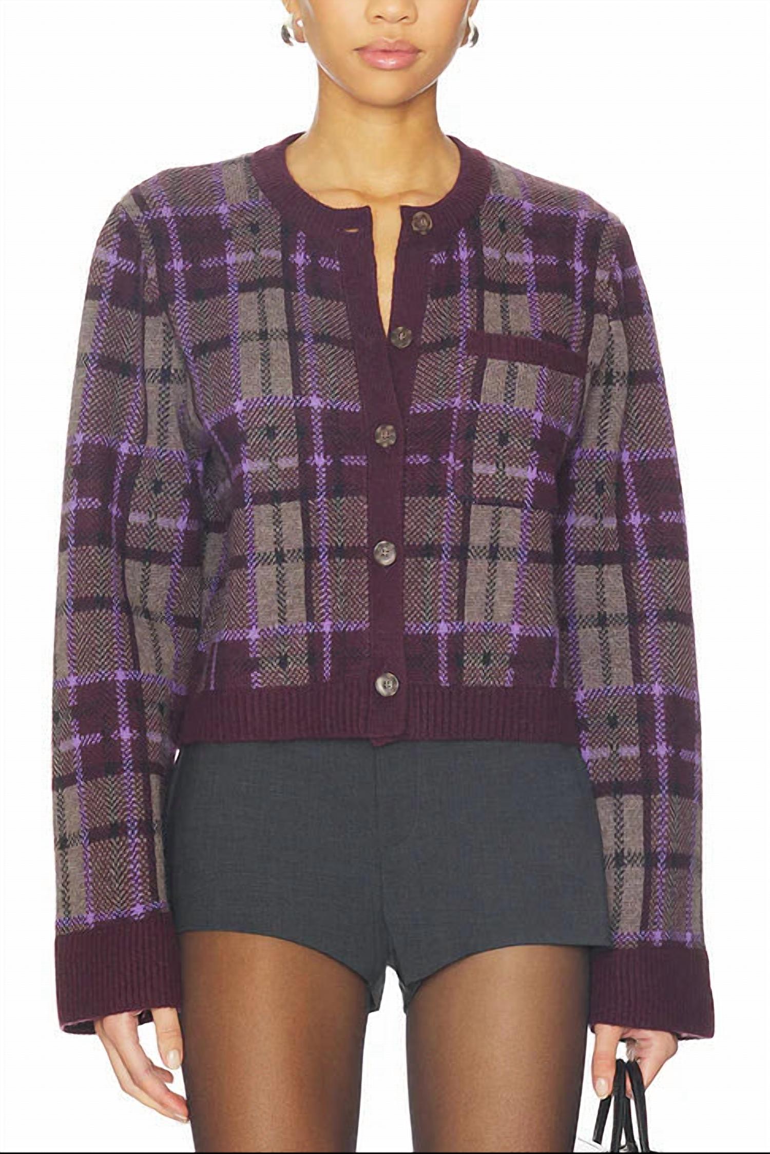NAADAM Luxe Plaid Jacquard Cardigan in purple combo - women's cardigan