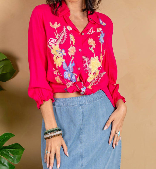 Paparazzi - Embroidered Linen 3/4 Sleeve Shirt