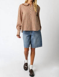 Olivaceous - Lace Trimmed Gingham Button Down Shirt