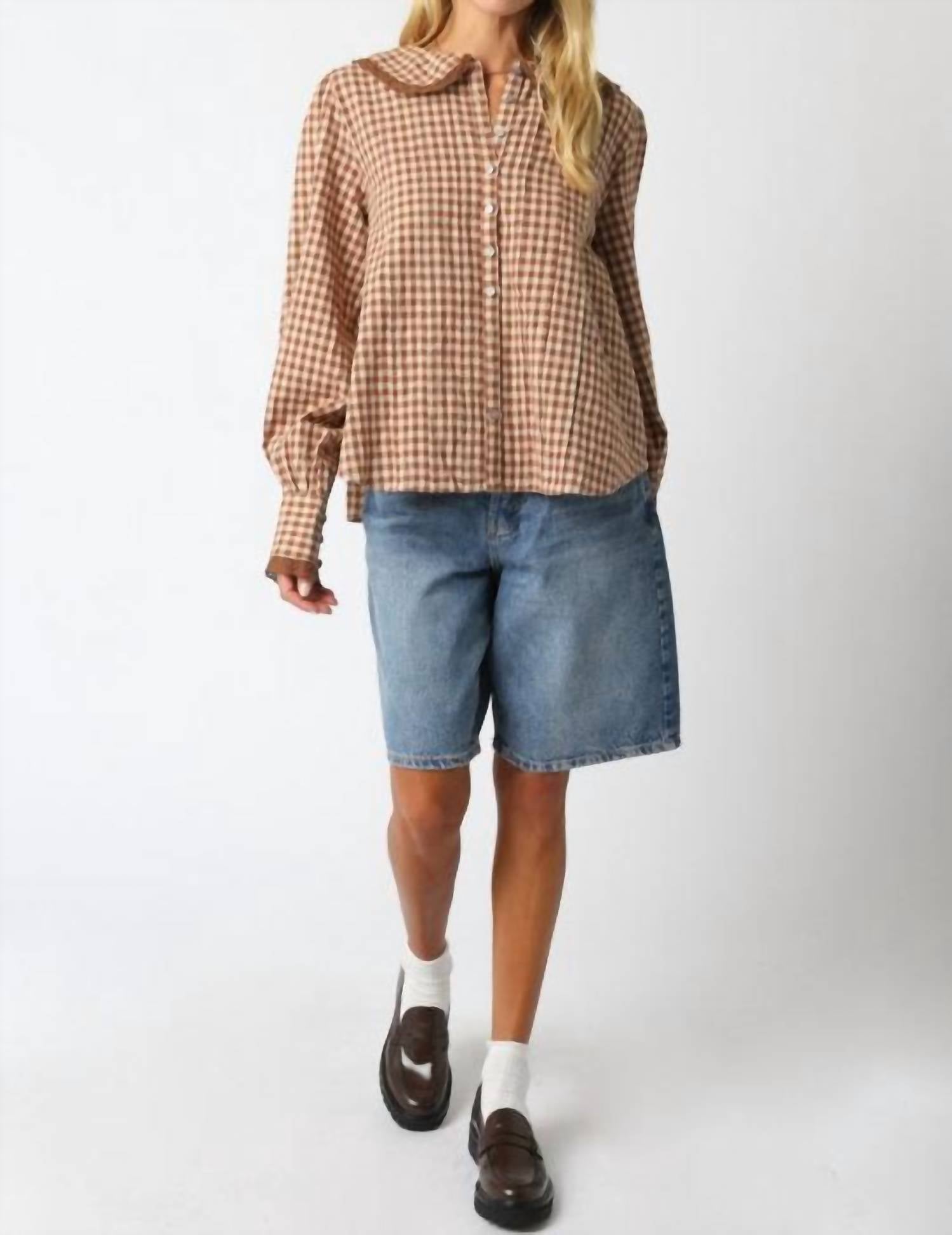 Olivaceous - Lace Trimmed Gingham Button Down Shirt