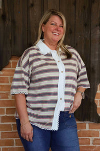 Easel - Stripe Knit Button Down Top
