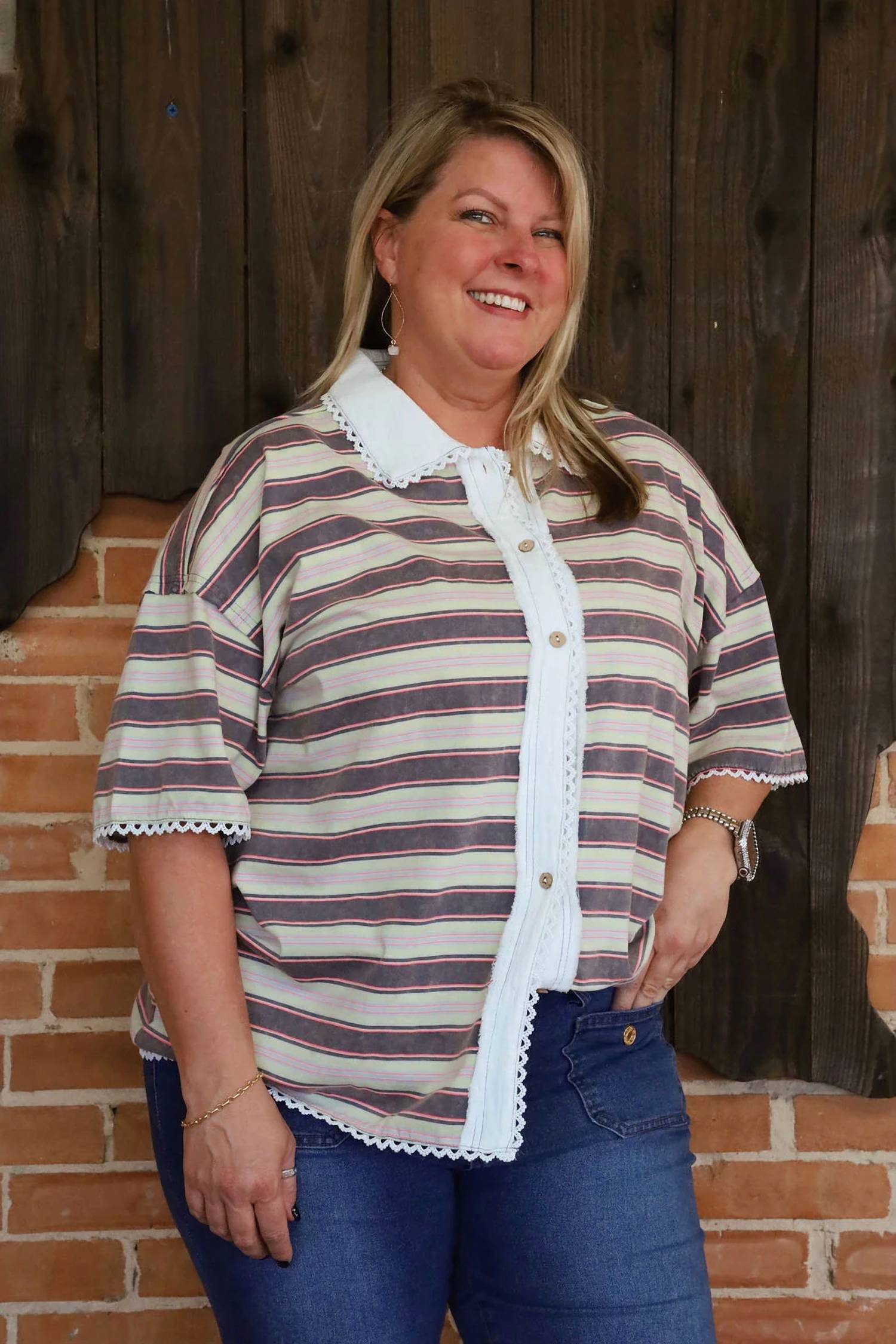 Easel - Stripe Knit Button Down Top