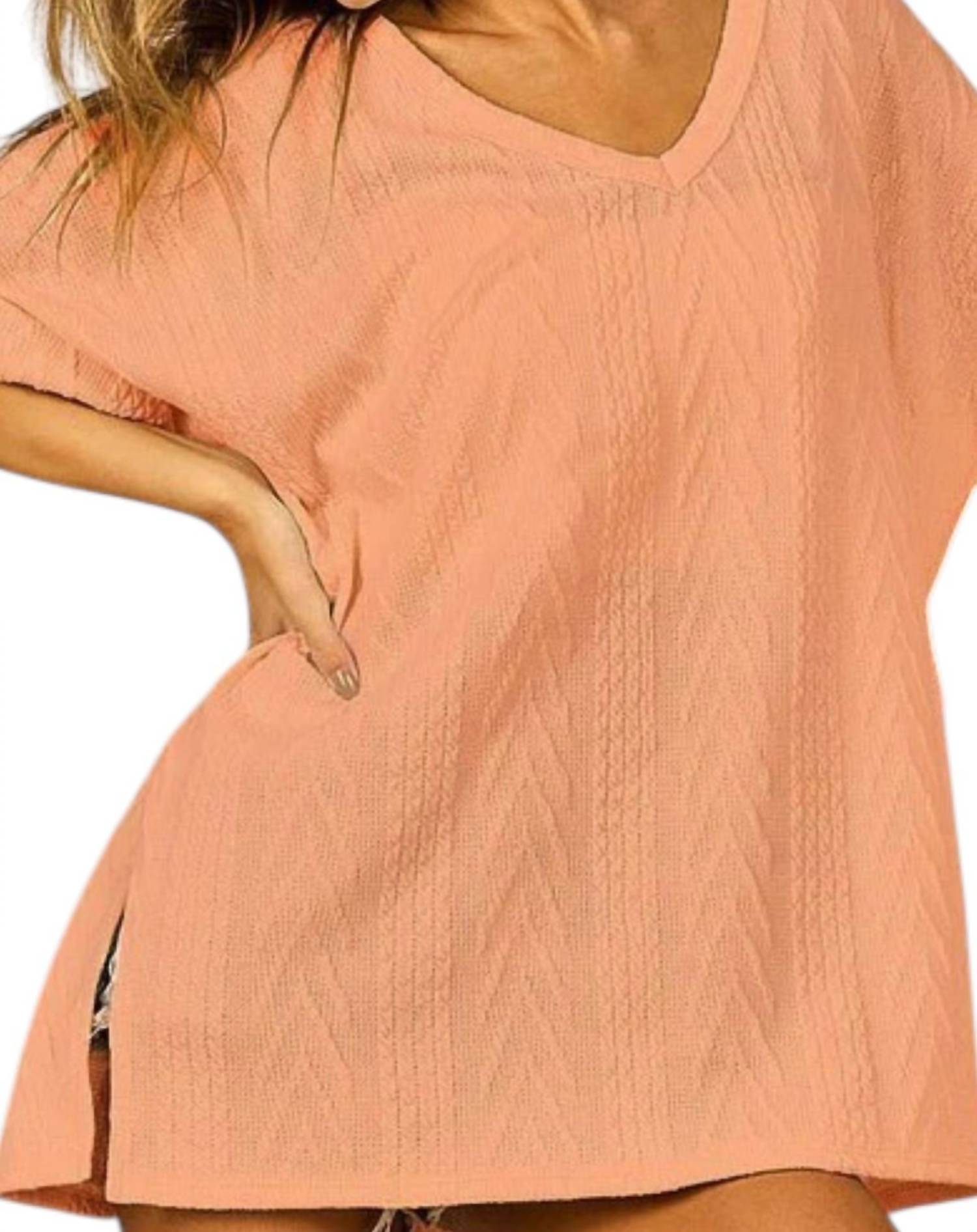 Bibi - Cable Knit Roll Up Sleeve With Side Slit V-Neck Top