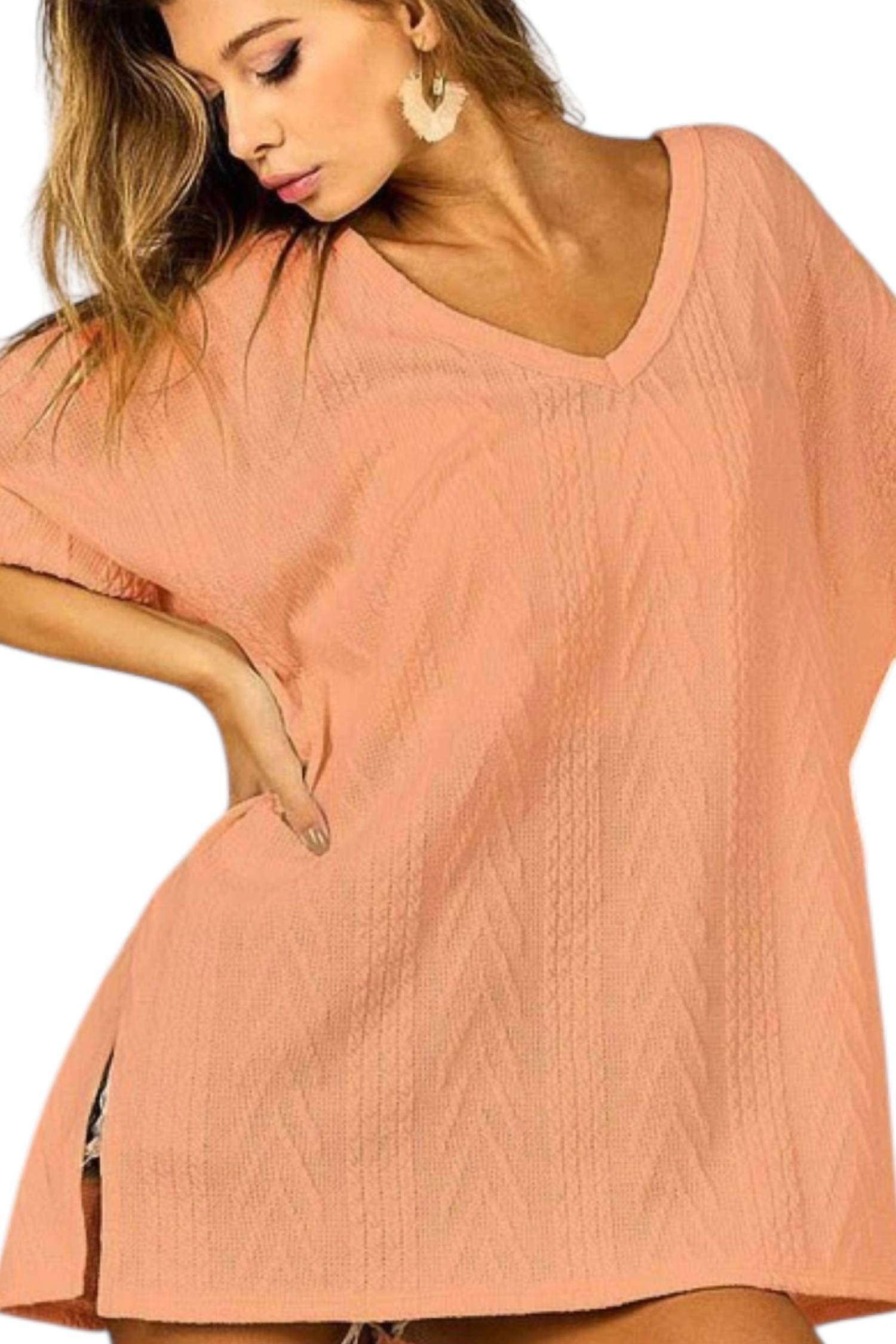 Bibi - Cable Knit Roll Up Sleeve With Side Slit V-Neck Top
