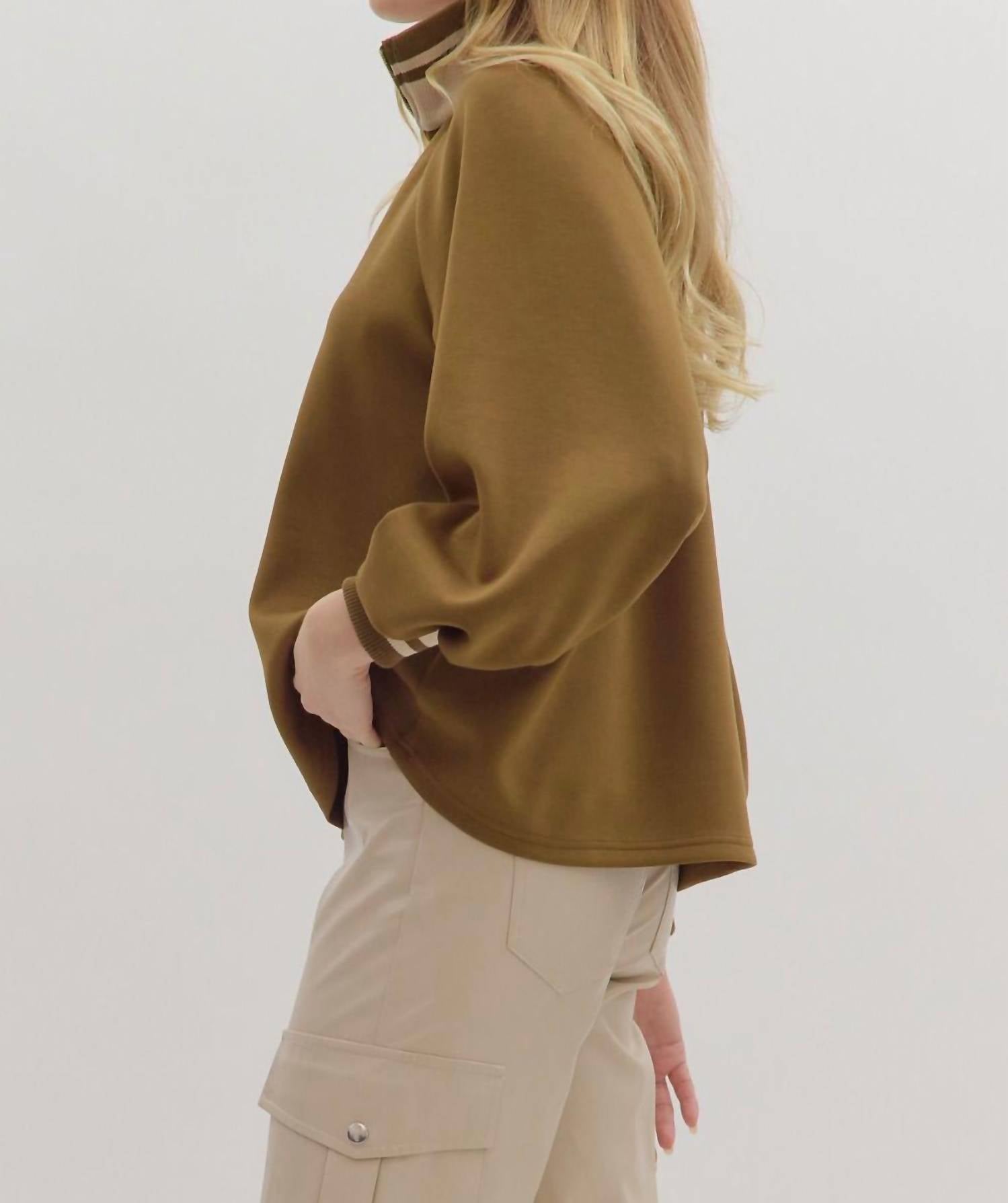 entro Half Zip Knit Top With Striped Rib Trim in olive - women's jacket - alternate view
