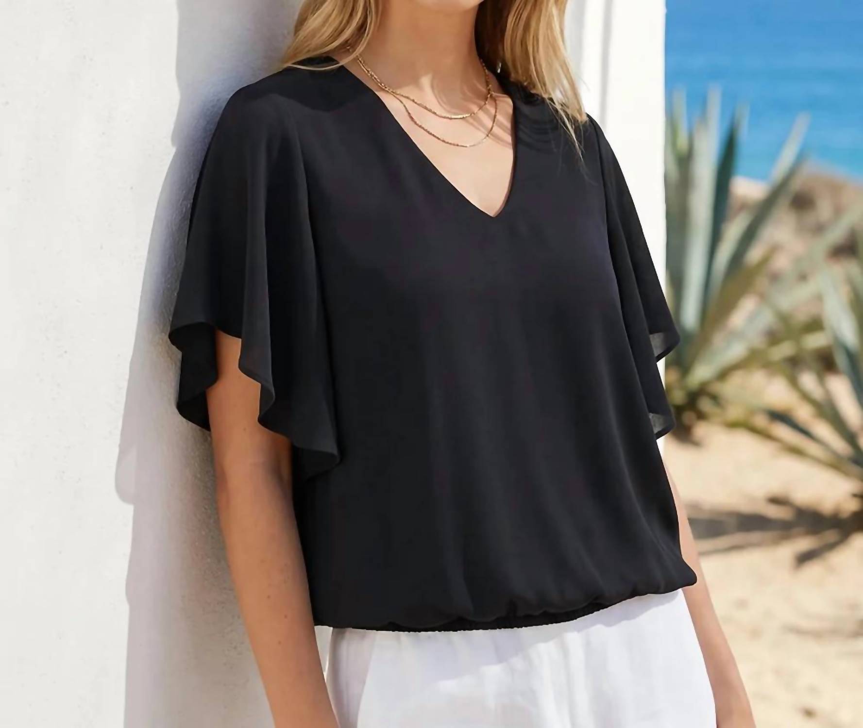 Karen Kane - Flutter Sleeve V-neck Top - Petite