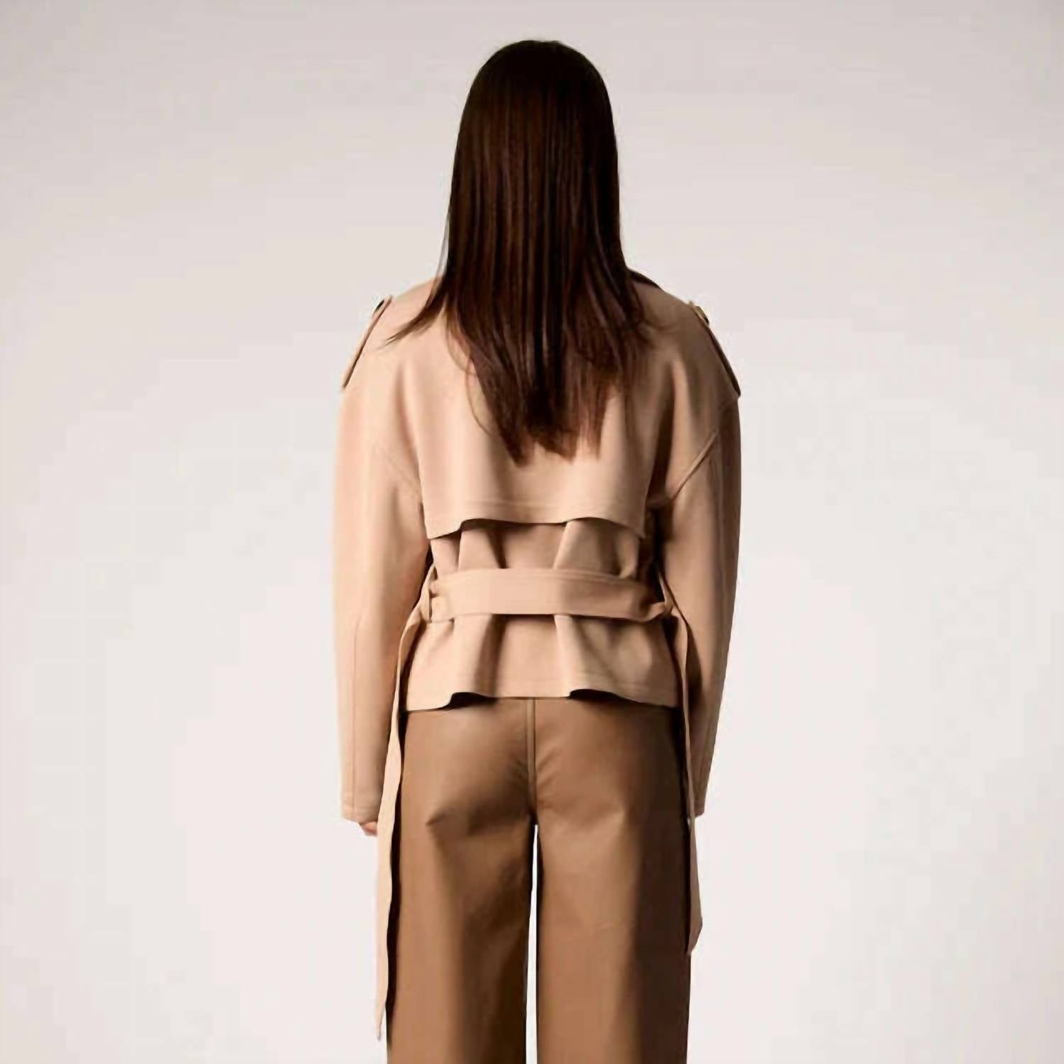 BLUE REVIVAL Charli Cropped Scuba Trench Coat in camel - women's jacket - detail view