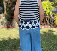 Charlie B - Striped Sleeveless Floral Hem Crochet Top