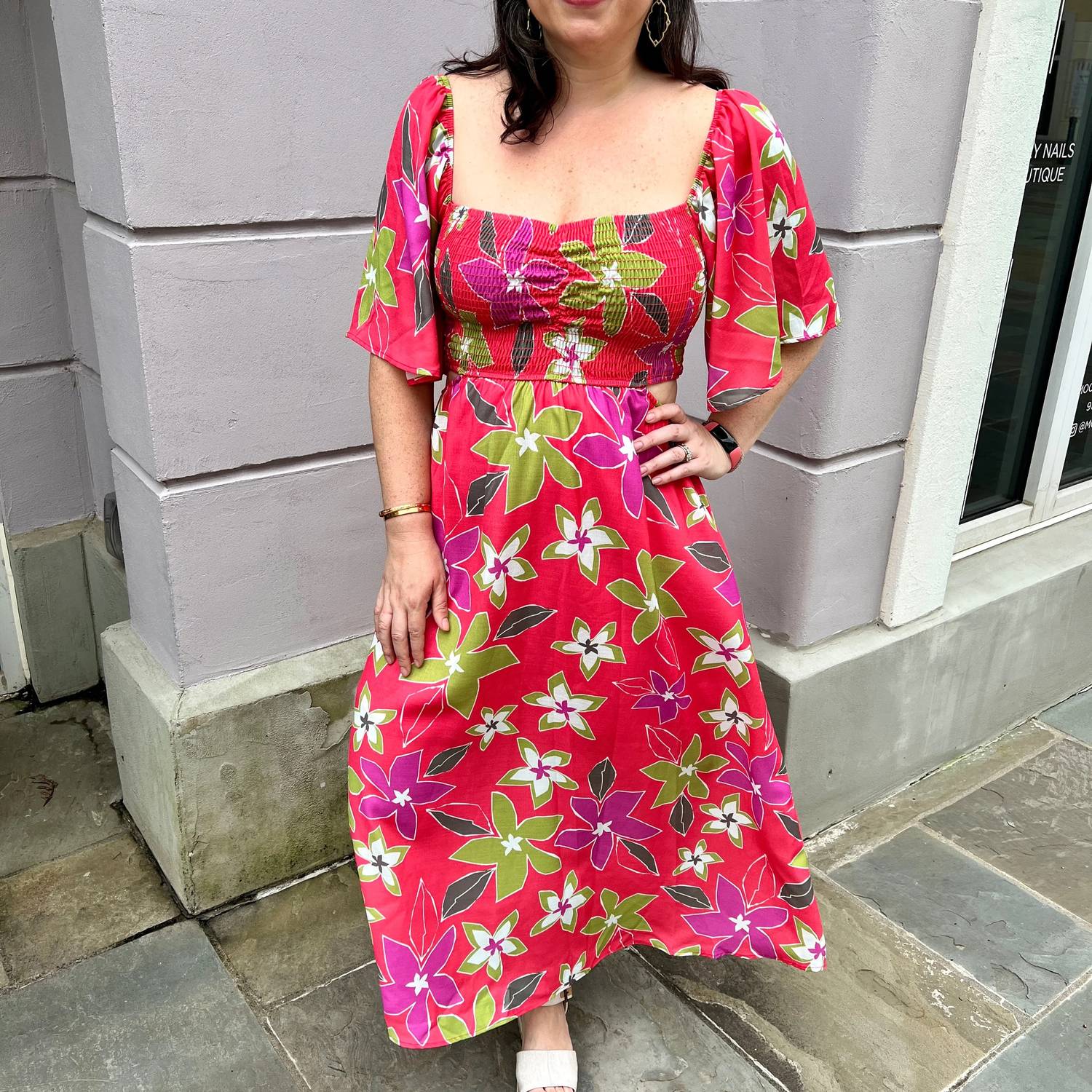 Peach Love - Floral Print Cut-out Midi Dress