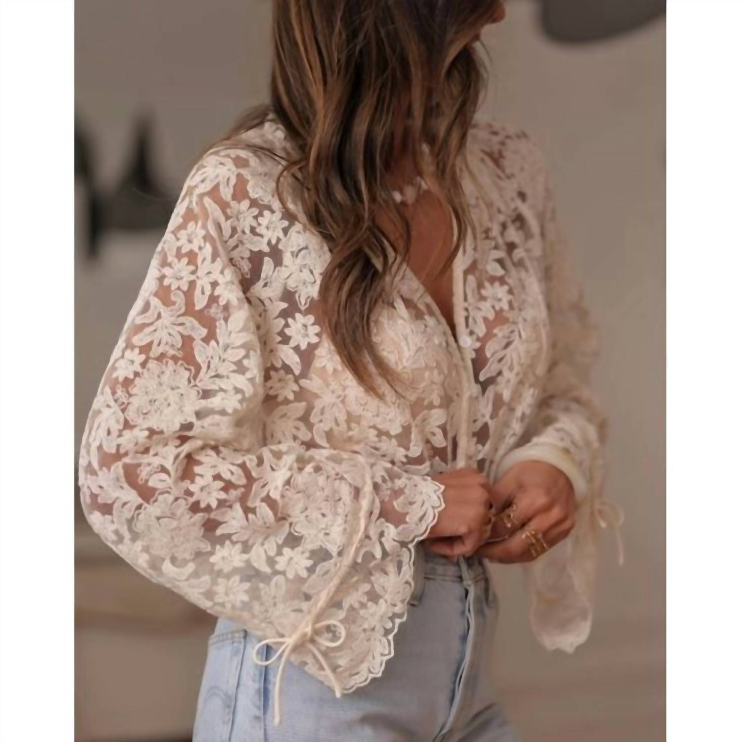 Rosa Clothing Women's Boho Lace Floral Sheer Blouse in beige - women's blouse - detail view